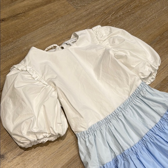 English Factory Size XS White and Blue Bubble Mini dress  Balloon Short Sleeve - Picture 5 of 15